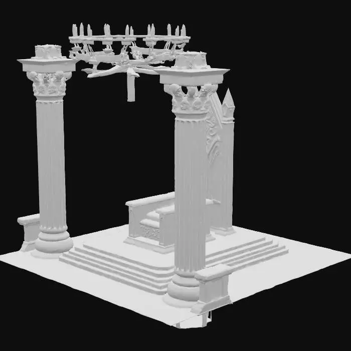 3D model for Una imagen donde se vea una sala de trono medieval con un trono una alfombra roja que se extiende desde el trono unos candelabros  unas columnas y muros de piedra, par utilizar com escenario en un videojuego