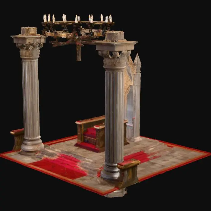 3D model for Una imagen donde se vea una sala de trono medieval con un trono una alfombra roja que se extiende desde el trono unos candelabros  unas columnas y muros de piedra, par utilizar com escenario en un videojuego