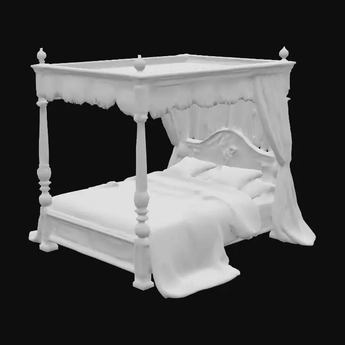 3D model for una cama medieval grande de madera y sabanas rojas
