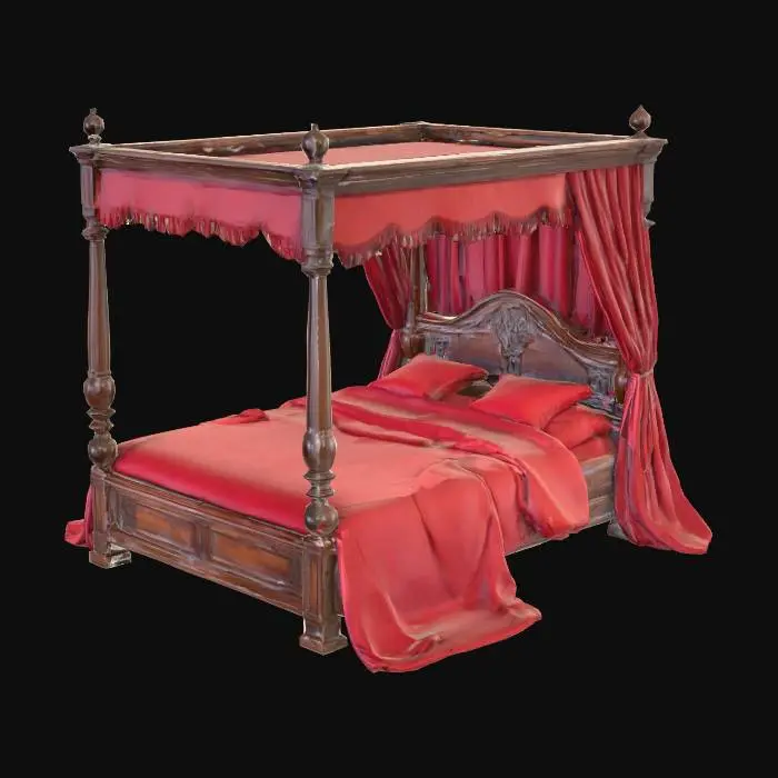 3D model for una cama medieval grande de madera y sabanas rojas