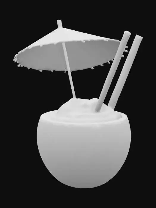 3D model for 一個由棕色椰子殼當作杯子的熱帶風格飲料，還能夠從杯口處看到白色的椰子果肉，杯口還插著一支紅色的帶有夏威夷印花風格的裝飾用小雨傘，並且還有一根亮綠色的可彎吸管也插在杯口，整杯飲料給人一種充滿活力的度假放鬆感
