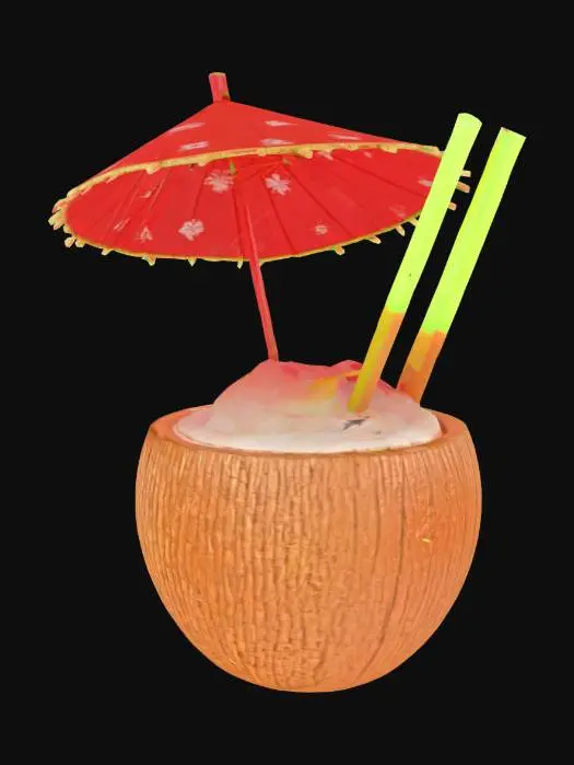 3D model for 一個由棕色椰子殼當作杯子的熱帶風格飲料，還能夠從杯口處看到白色的椰子果肉，杯口還插著一支紅色的帶有夏威夷印花風格的裝飾用小雨傘，並且還有一根亮綠色的可彎吸管也插在杯口，整杯飲料給人一種充滿活力的度假放鬆感