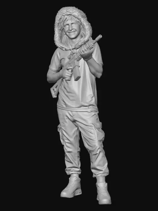 3D model for Alexey is a lean, wiry guy of about twenty-two, with short dark-brown hair that sticks out in all directions. He has gray-blue eyes, a slight stubble, and a slightly mocking smile. There is a small scar on his left eyebrow.
On his head is a gray fur hat, but it is worn askew (like a rapper or a snowboarder). The ears of the hat are often tied up or loose, depending on his mood. The hat is slightly oversized, which gives him a slightly ridiculous but charming appearance.
He is dressed in a White T-Shirt with a fur collar on the hood (the hood is always worn over the hat for added protection). Under the parka, he wears a light
Weapon: "Grasshopper" - homemade submachine gun (based on PP-19 "Vityaz").