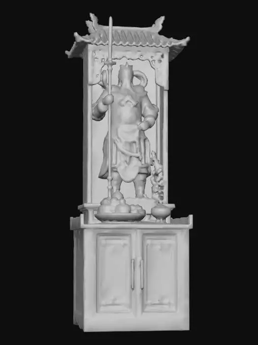 3D model for scale the statue smaller. have the shrine 2 levels with lower level as a cabinet with 2 doors. add light, fruit plate and incense bowl in front of the statue.