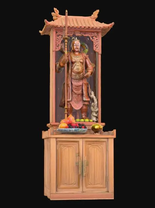 3D model for scale the statue smaller. have the shrine 2 levels with lower level as a cabinet with 2 doors. add light, fruit plate and incense bowl in front of the statue.