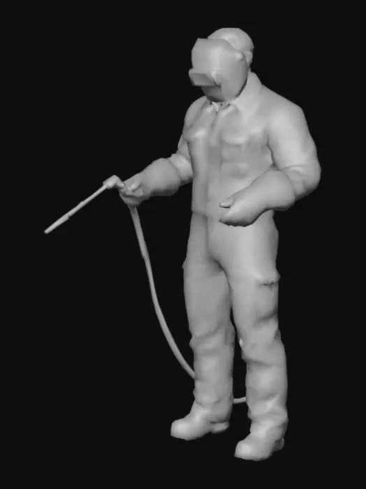 3D model for a male metal-workshop worker welding a wok. (Do not render the wok, only the worker and the tig welder) Full body, standing. wearing safety gear and orange uniform and welding helmet.