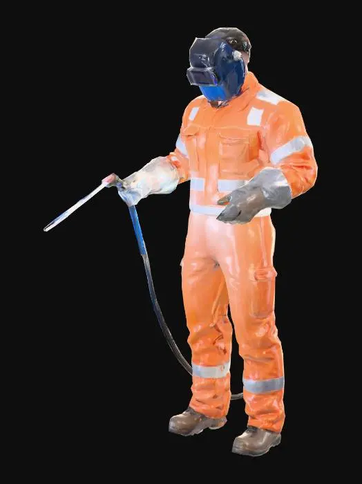 3D model for a male metal-workshop worker welding a wok. (Do not render the wok, only the worker and the tig welder) Full body, standing. wearing safety gear and orange uniform and welding helmet.