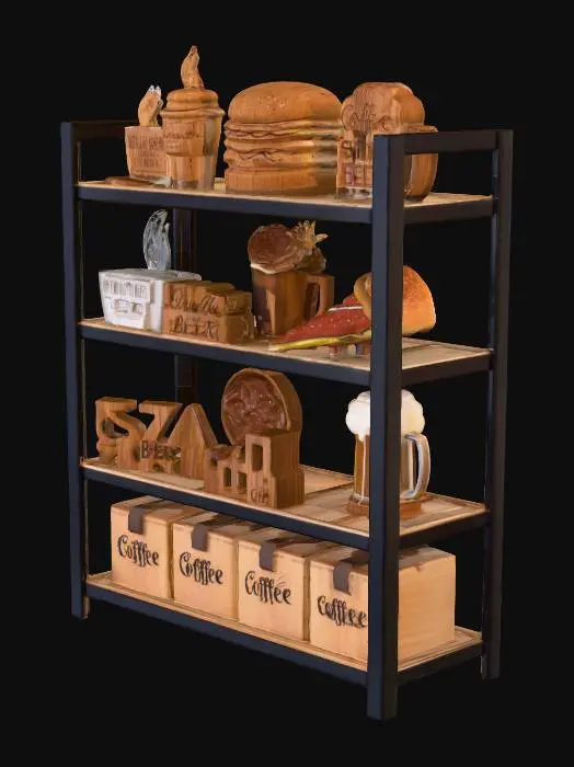 3D model for A display shelves showcasing small metal sculpture and cnc laser arts for restaurant decors. Bottom shelf store cardboard boxes of inventory. Most will have food and drink theme and have large detail and letter. Shelves to have 5 tiers and made of black metal frame. There will be no small detail of slim wire looks