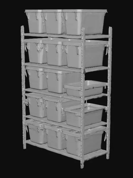 3D model for tall standing storage shelves with blue plastic bin to organize parts