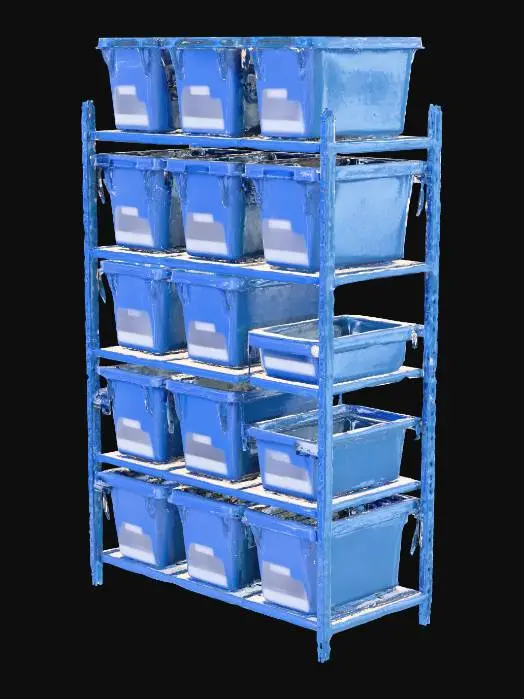 3D model for tall standing storage shelves with blue plastic bin to organize parts