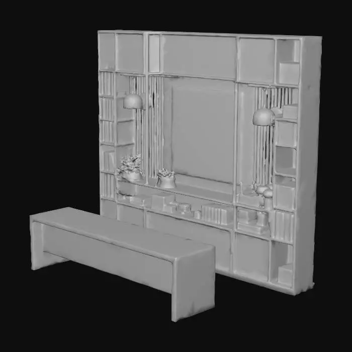 3D model for Render the shelving wall made of metal frame and wood shelves in the back of the executive office and the desk made of black metal. Remove the green trees. Change the desk color to metal matte black and L-shape to the left