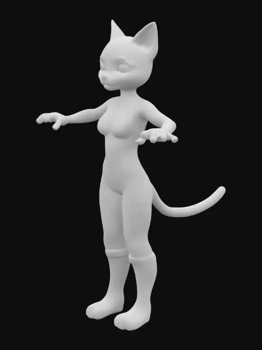 3D model for A cartoon-style white cat girl, female, slim build, with white cat ears and a white tail, standing in T-Pose with arms outstretched and legs apart, hands empty. She wears a tight-fitting white leotard with black stripes, and has no other accessories.

