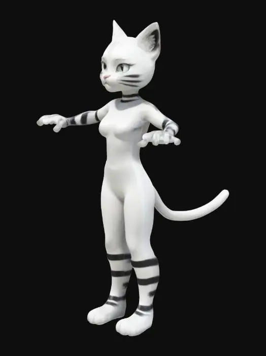 3D model for A cartoon-style white cat girl, female, slim build, with white cat ears and a white tail, standing in T-Pose with arms outstretched and legs apart, hands empty. She wears a tight-fitting white leotard with black stripes, and has no other accessories.

