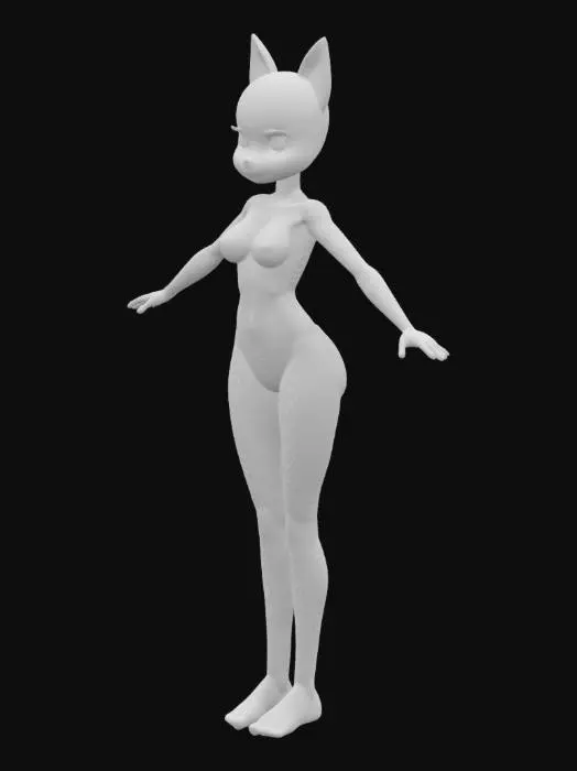 3D model for A cartoon-style white cat girl, female, slim build, with white cat ears and a white tail, standing in T-Pose with arms outstretched and legs apart, hands empty. She wears a tight-fitting white leotard with black stripes, and has no other accessories.


