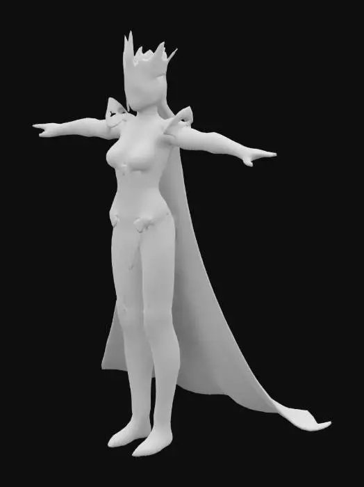 3D model for A majestic female queen, tall and elegant, wearing a form-fitting golden armor with intricate patterns and gemstone decorations, and a golden crown adorned with gems that does not obscure her face. She stands in a T-Pose with arms outstretched and legs apart, hands empty, and her entire body is within the frame.

