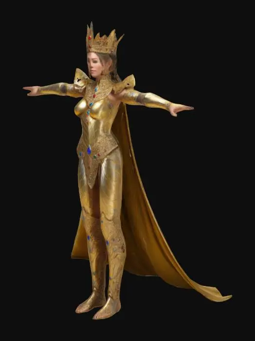 3D model for A majestic female queen, tall and elegant, wearing a form-fitting golden armor with intricate patterns and gemstone decorations, and a golden crown adorned with gems that does not obscure her face. She stands in a T-Pose with arms outstretched and legs apart, hands empty, and her entire body is within the frame.

