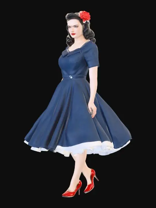 3D model for Blue 1950s Swing Dress with Red Flower