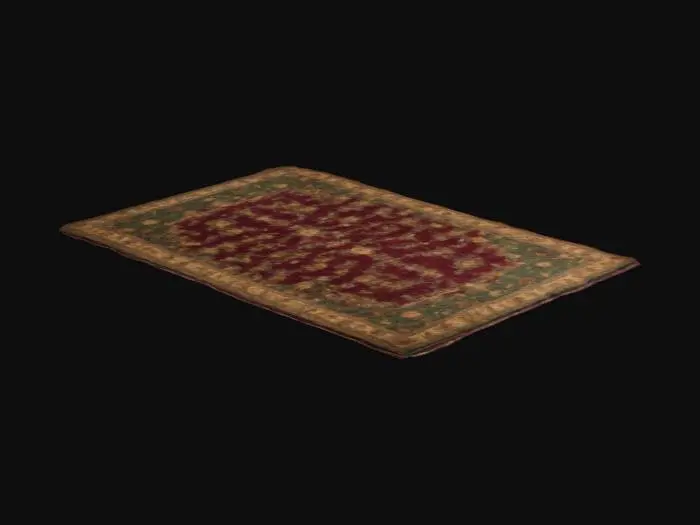 3D model for A beautifully intricate Victorian rug, featuring a rich color palette of deep burgundy, gold, and forest green. The design includes ornate floral patterns, swirling arabesques, and a decorative border with symmetrical motifs. The rug texture is plush and woven, with subtle shading to emphasize depth and realism. The perspective is flat and seamless, designed for modular use in luxurious Victorian interiors