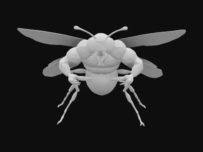3D model for A hyper-muscular, humanoid fly with large, veined wings, bulging biceps, and a chiseled abdomen. Give it shiny, dark green exoskeleton details, oversized compound eyes, and fine, bristly hairs on its arms and legs. Emphasize the comedic yet imposing contrast between insect features and a bodybuilder’s physique.