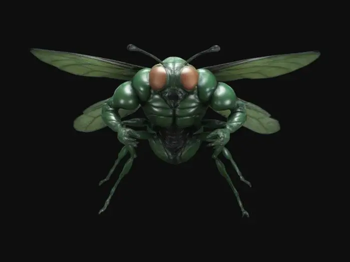 3D model for A hyper-muscular, humanoid fly with large, veined wings, bulging biceps, and a chiseled abdomen. Give it shiny, dark green exoskeleton details, oversized compound eyes, and fine, bristly hairs on its arms and legs. Emphasize the comedic yet imposing contrast between insect features and a bodybuilder’s physique.