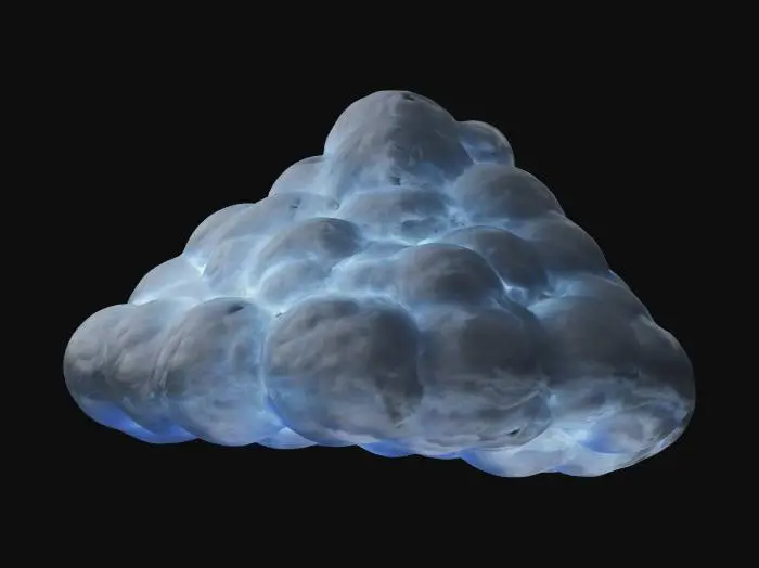 3D model for Create a gently swirling, medium-gray storm cloud that’s not too dark. Radiating a soft bluish-white glow. Keep the overall style semi-realistic, ensuring the cloud’s shape and color feel stormy yet lighter in tone.