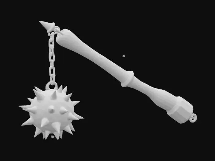 3D model for Design a spiked flail that unites elements of time. The handle should be carved from prehistoric wood, reinforced with medieval steel. The chain should be a mix of glowing futuristic links interspersed with rusted medieval ones. The spiked ball should combine rugged stone with a glowing energy core at its center. , #ChronoForgeWeapon#