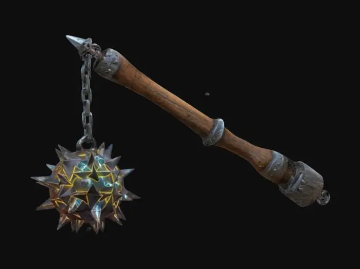 3D model for Design a spiked flail that unites elements of time. The handle should be carved from prehistoric wood, reinforced with medieval steel. The chain should be a mix of glowing futuristic links interspersed with rusted medieval ones. The spiked ball should combine rugged stone with a glowing energy core at its center. , #ChronoForgeWeapon#
