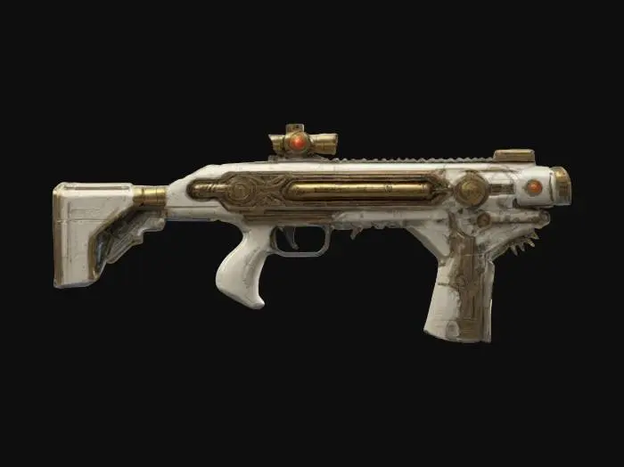 3D model for #ChronoForgeWeapon#, Design a futuristic fusion rifle built from nostalgic, collectible parts. The sleek alloy body should feature glowing energy conduits, with a medieval clock face as the scope, a fossilized prehistoric bone stock, and a vintage 20th-century gear in the firing mechanism. Add intricate engravings and worn details that suggest the weapon was crafted over centuries, blending eras seamlessly into a highly detailed, advanced design