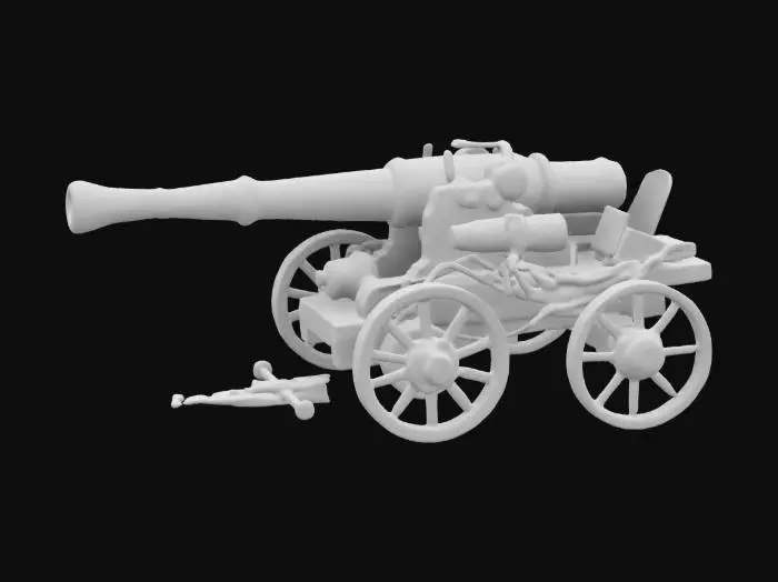 3D model for #ChronoForgeWeapon#,Design a ground-based cannon that merges prehistoric bone, medieval craftsmanship, and advanced plasma tech. Make the barrel from a massive fossil tusk, positioned horizontally, with runic steel braces encircling the muzzle. Place the cannon on a sturdy wooden carriage equipped with iron-rimmed wheels. Include a small control console on one side, and attach a futuristic reactor at the rear. Run a glowing plasma conduit underneath the barrel, connecting the tusk to the reactor