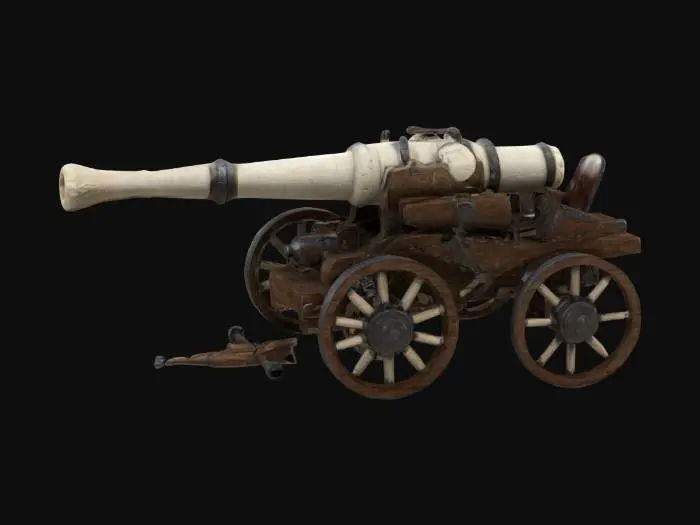 3D model for #ChronoForgeWeapon#,Design a ground-based cannon that merges prehistoric bone, medieval craftsmanship, and advanced plasma tech. Make the barrel from a massive fossil tusk, positioned horizontally, with runic steel braces encircling the muzzle. Place the cannon on a sturdy wooden carriage equipped with iron-rimmed wheels. Include a small control console on one side, and attach a futuristic reactor at the rear. Run a glowing plasma conduit underneath the barrel, connecting the tusk to the reactor