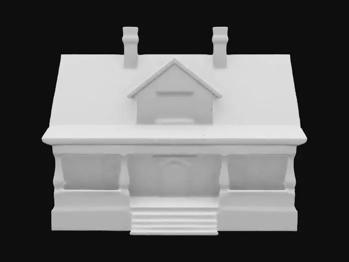 3D model for Design a stylized, low-poly suburban house inspired by The Sims aesthetic, featuring clean geometric shapes, a sloped roof, and clearly defined windows and doors. The structure includes a front porch, steps, simple columns, and a chimney. Provide subtle detailing such as window frames and door panels, enhancing the friendly, approachable style ideal for a virtual neighborhood.