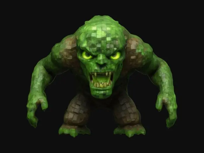 3D model for #game figure#, Design a realistic, highly-detailed interpretation of an angry Creeper from Minecraft, adapted into a lifelike, organic form. Model it standing upright with a muscular yet unsettling body structure, textured with scaly, mottled green skin. Clearly define its haunting expression with deep-set glowing eyes and a wide, menacing mouth poised as if ready to explode. Showcase detailed skin textures, veins, and realistic proportions, capturing a terrifying and vivid presence.
