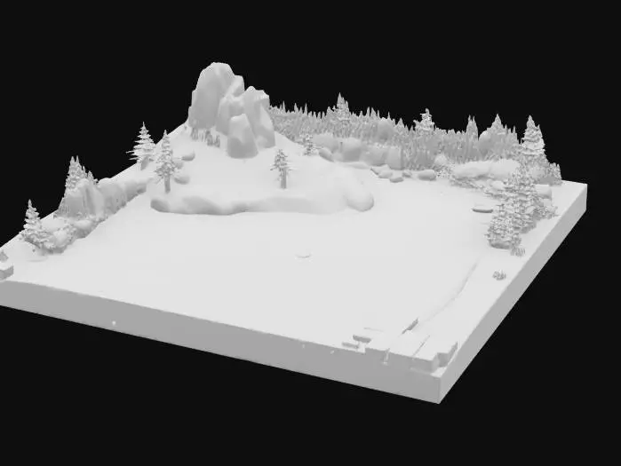 3D model for #AroundTheWorld#,  High-detail 3D diorama of Sylvan Lake, South Dakota: serene turquoise water reflecting towering granite spires and dense pine forest, small rocky island with a lone pine, curved stone dam and footpath on the near shore, scattered shoreline boulders, soft summer sky. Stylized-realistic look with clean topology, ready for contest showcase