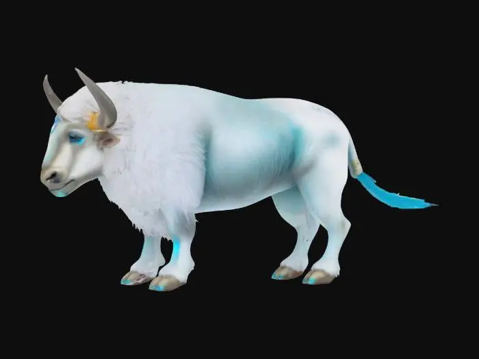 3D model for #AroundTheWorld#,Majestic enchanted white buffalo: massive yet gentle form with plush, stylized Pixar-like proportions. Pure snow-white fur shimmering with subtle iridescent shifts, spiraling turquoise glyphs glowing along shoulders and flanks. Soft blue bioluminescent eyes, silver nose ring, and faint aurora mist curling from hooves as it strides. Small floating spirit feathers orbit the horns. Designed as a high-detail, magical centerpiece for a fantasy diorama