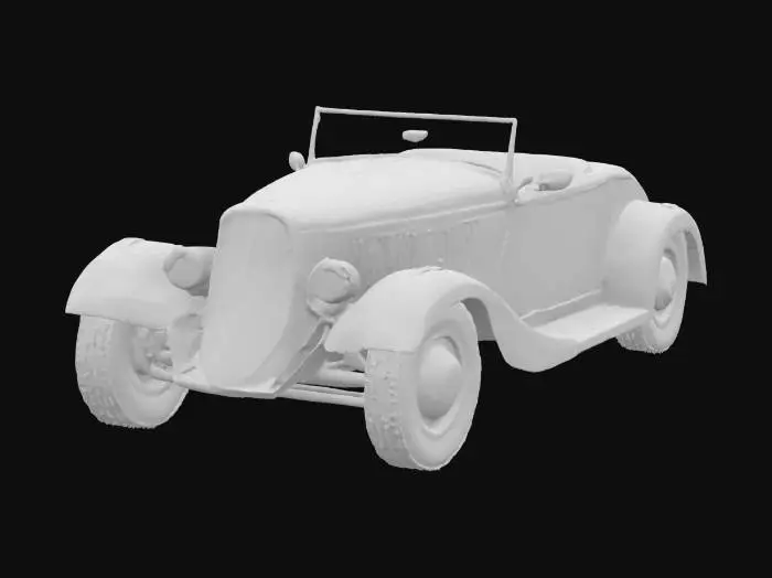 3D model for A classic 1933 Ford Roadster, its sleek, open-top body gleaming with a flawless, deep cherry red paint job that feels incredibly smooth and cool to the touch. The iconic teardrop fenders curve gracefully over the black-walled tires, accented by highly polished chrome bumpers and a prominent grille that shines with metallic luster. Inside, the seats are upholstered in supple, dark brown leather, offering a soft, inviting texture. The overall shape is low-slung and aerodynamic, epitomizing vintage hot rod elegance.