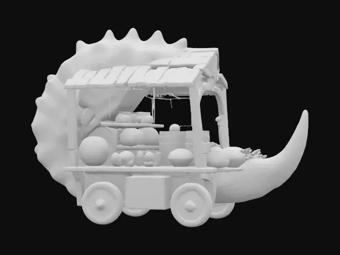 3D model for #ocean#, A bulky, wheeled trading cart shaped from a giant conch shell, with shelves built into its spiral. Wooden planks form a lean-to roof, and nets full of glowing sea orbs hang from hooks. Coral crates and fish-shaped bags are stacked high. 