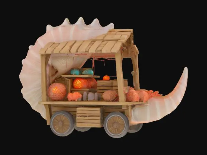 3D model for #ocean#, A bulky, wheeled trading cart shaped from a giant conch shell, with shelves built into its spiral. Wooden planks form a lean-to roof, and nets full of glowing sea orbs hang from hooks. Coral crates and fish-shaped bags are stacked high. 