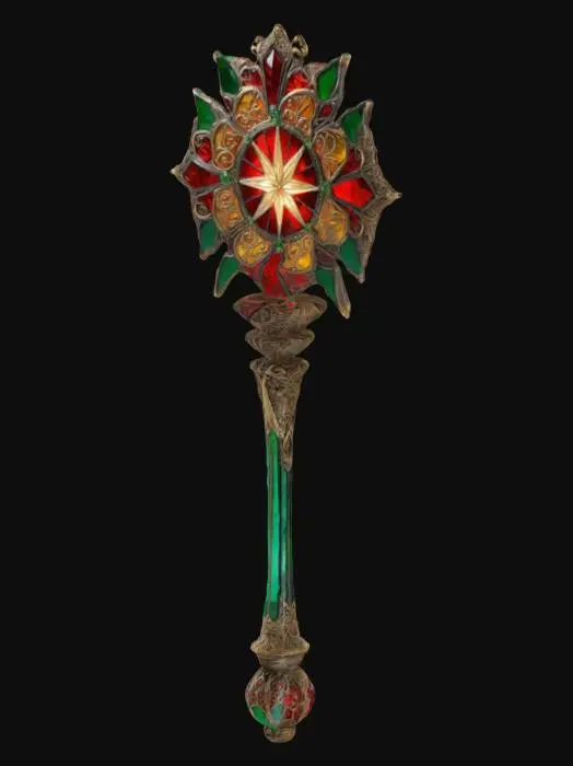 3D model for #ChristmasAdventure#, A regal, ornate staff held by Santa Claus, crafted entirely from stained glass. The staff is topped with a radiant, golden starburst that glows with magical energy. The shaft is intricately engraved with delicate filigree patterns and shimmering runes, combining elegance and power. Jewel-toned accents of vibrant red, emerald green, and amber create a stunning visual effect, all outlined in bold black leadwork to enhance its stained glass artistry.