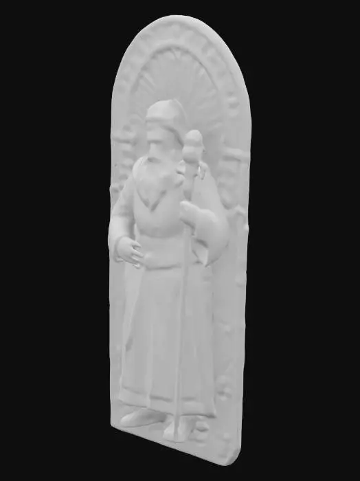 3D model for #ChristmasAdventure#, A regal, ornate staff held by Santa Claus, crafted entirely from stained glass. The staff is topped with a radiant, golden starburst that glows with magical energy. The shaft is intricately engraved with delicate filigree patterns and shimmering runes, combining elegance and power. Jewel-toned accents of vibrant red, emerald green, and amber create a stunning visual effect, all outlined in bold black leadwork to enhance its stained glass artistry.