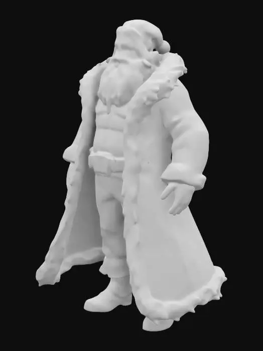 3D model for #ChristmasAdventure#, A regal and muscular Santa Claus styled like Fabio, with flowing golden hair, a strong jawline, and piercing eyes. He wears a luxurious red and white coat trimmed with fur, partially open to reveal his chiseled chest. His coat is adorned with golden embroidery and holly leaf patterns, exuding power and charisma. His stained glass-inspired design is rich in vibrant jewel tones of red, gold, and white, with bold black leadwork emphasizing his heroic and romantic presence.