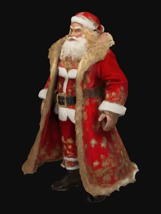 3D model for #ChristmasAdventure#, A regal and muscular Santa Claus styled like Fabio, with flowing golden hair, a strong jawline, and piercing eyes. He wears a luxurious red and white coat trimmed with fur, partially open to reveal his chiseled chest. His coat is adorned with golden embroidery and holly leaf patterns, exuding power and charisma. His stained glass-inspired design is rich in vibrant jewel tones of red, gold, and white, with bold black leadwork emphasizing his heroic and romantic presence.