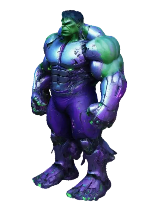 A hybrid character with the left side as the Incredible Hulk: massive green muscles,… 3D model, vytvořený pomocí AI