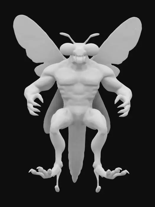 3D model for A hyper-muscular, humanoid fly with large, veined wings, bulging biceps, and a chiseled abdomen. Give it shiny, dark green exoskeleton details, oversized compound eyes, and fine, bristly hairs on its arms and legs. Emphasize the comedic yet imposing contrast between insect features and a bodybuilder’s physique.