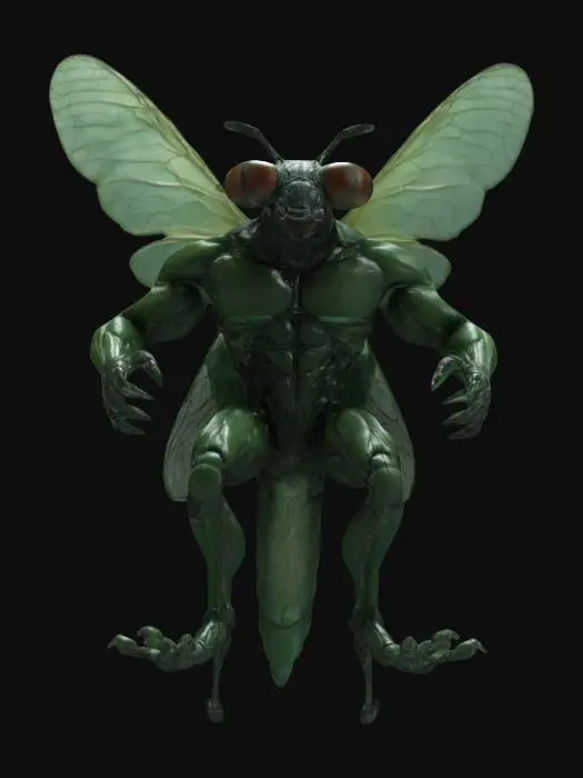 3D model for A hyper-muscular, humanoid fly with large, veined wings, bulging biceps, and a chiseled abdomen. Give it shiny, dark green exoskeleton details, oversized compound eyes, and fine, bristly hairs on its arms and legs. Emphasize the comedic yet imposing contrast between insect features and a bodybuilder’s physique.