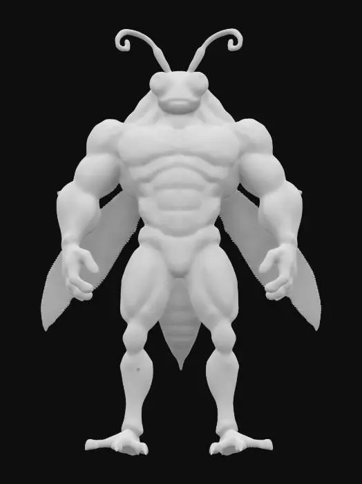 3D model for A hyper-muscular, humanoid fly with large, veined wings, bulging biceps, and a chiseled abdomen. Give it shiny, dark green exoskeleton details, oversized compound eyes, and fine, bristly hairs on its arms and legs. Emphasize the comedic yet imposing contrast between insect features and a bodybuilder’s physique.
