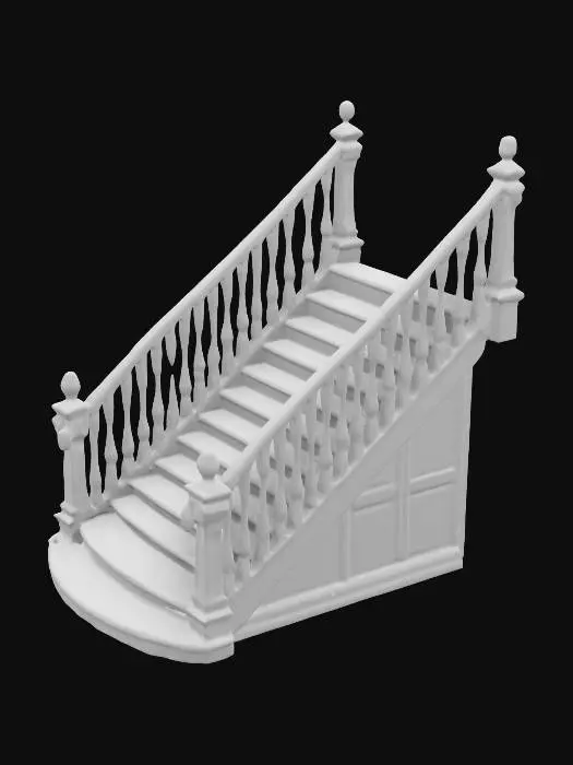 3D model for Victorian-style grand staircase with polished dark wood steps, a symmetrical curved design, and ornate carved railings on both sides. Include a detailed balustrade featuring floral or geometric patterns and a wide, symmetrical base that narrows evenly as it ascends. Add decorative side panels with intricate carvings. Ensure perfect symmetry and modularity for seamless placement in a luxurious VR dark wood-themed interior