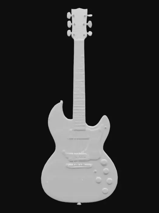 3D model for Generate a precise 3D model of a classic Gibson SG guitar with a vivid red body. Include the iconic double cutaway shape, dual humbucker pickups, a 22-fret neck, and a distinctive headstock featuring the Gibson logo. Ensure accurate proportions, with the correct placement of knobs, bridge, and tuners to match a standard SG layout.

