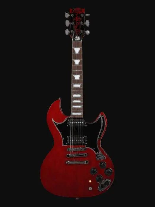3D model for Generate a precise 3D model of a classic Gibson SG guitar with a vivid red body. Include the iconic double cutaway shape, dual humbucker pickups, a 22-fret neck, and a distinctive headstock featuring the Gibson logo. Ensure accurate proportions, with the correct placement of knobs, bridge, and tuners to match a standard SG layout.

