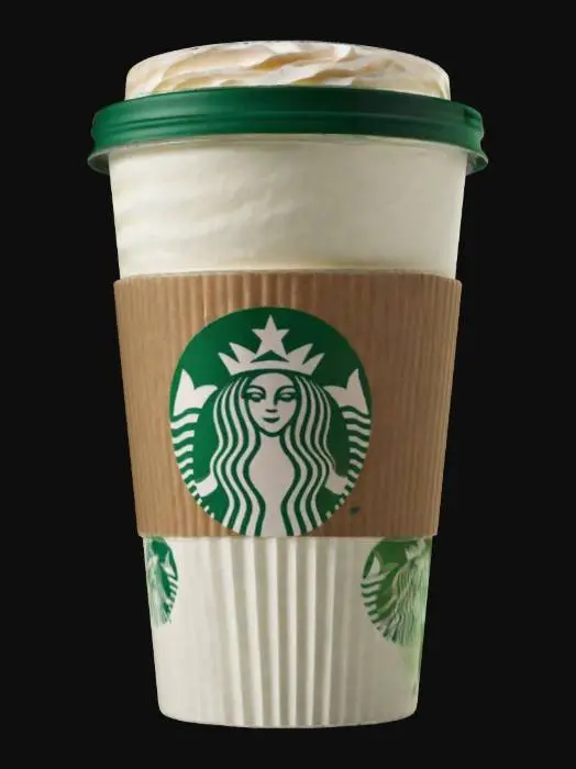 3D model for Generate a realistic Starbucks-style coffee cup with a snug cardboard sleeve and a standard plastic lid. Include the iconic green Starbucks logo on the sleeve, a paper cup body sized similarly to a grande or venti, and a visible coffee surface or whipped cream at the top. Keep proportions and details authentic
