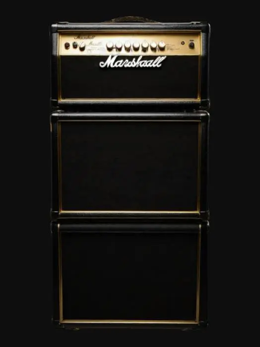 3D model for "Create a realistic Marshall JCM full stack, including a classic JCM head atop two 4x12 cabinets. The top cabinet is angled, the bottom is straight. Incorporate accurate proportions and details, such as metal corner protectors, front grills, a gold control panel with knobs, and the iconic handle and chassis shape. Ensure the overall silhouette matches the well-known Marshall design."


